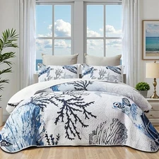 Coastal Bedding Size Coastal Quilt with 2 Shams, Nautical Beach King Sea Turtle