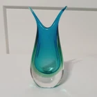 Vintage MCM MURANO Sommerso Art Glass Vase, 6.5" Fishtail Blue Green Clear