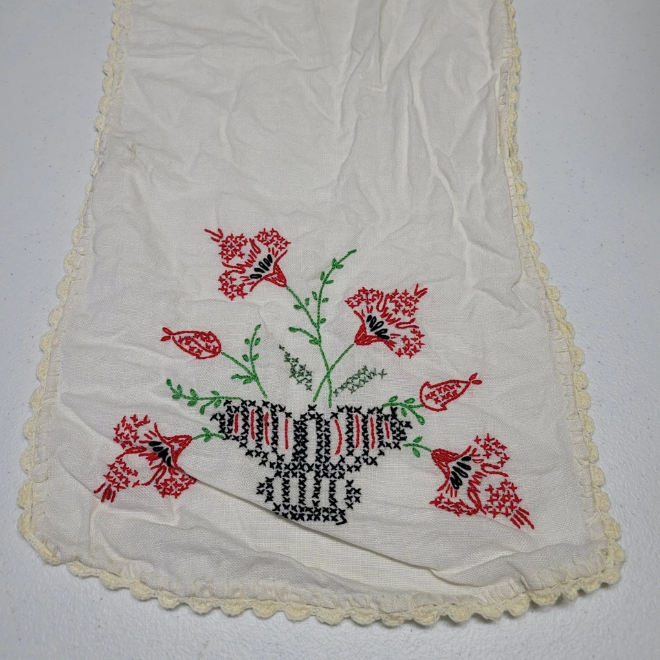 Hand Embroidered Linen Table Runner Red Floral Cross Stitch Crochet Trim - Image 2 of 4