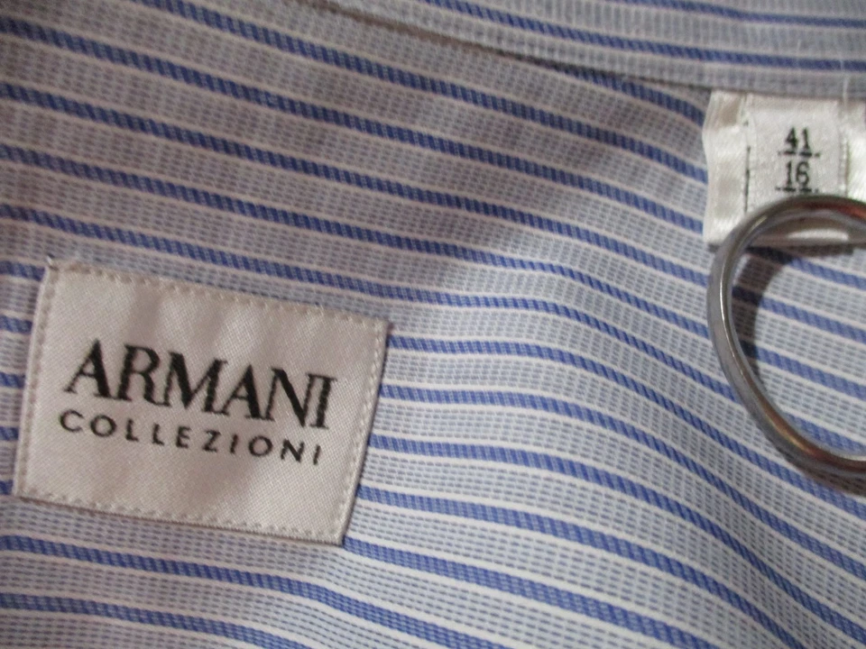 Camisa de vestir Armani Collezioni para hombre azul a rayas de algodón cuello extendido 41 16-34 Foto 3 de 3