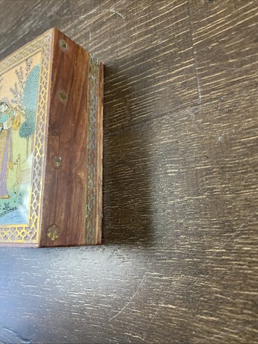 Wooden jewelry box with glass gem stone painting and brass border from India! - Picture 2 of 7