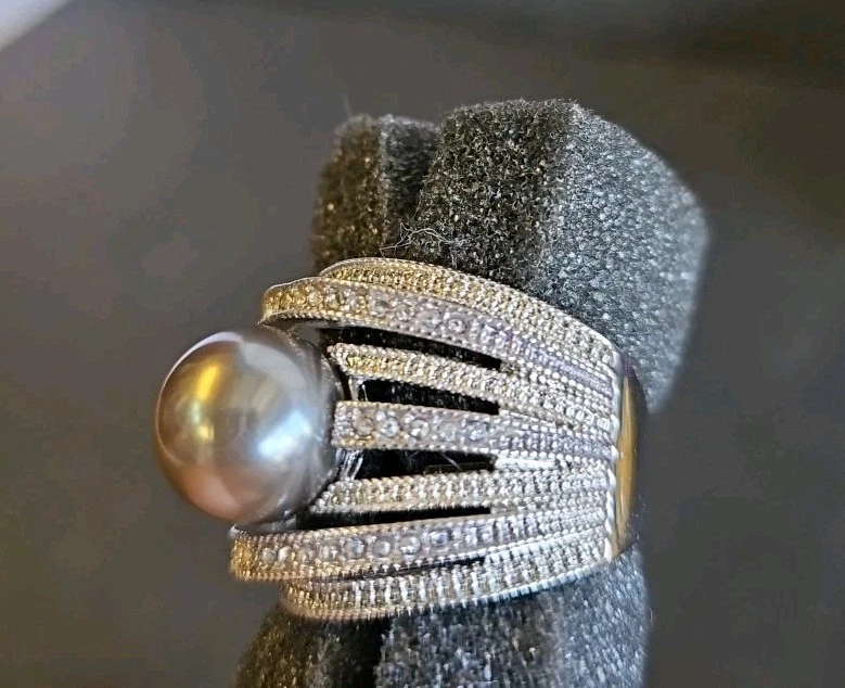 Nataliya V Collister NVC Tiered Silver Tone Cocktail Ring Faux Pearl Size 9.0 - Image 2 of 4