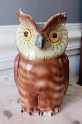 Vintage Painted Ceramic Figural Owl Pitcher 6''