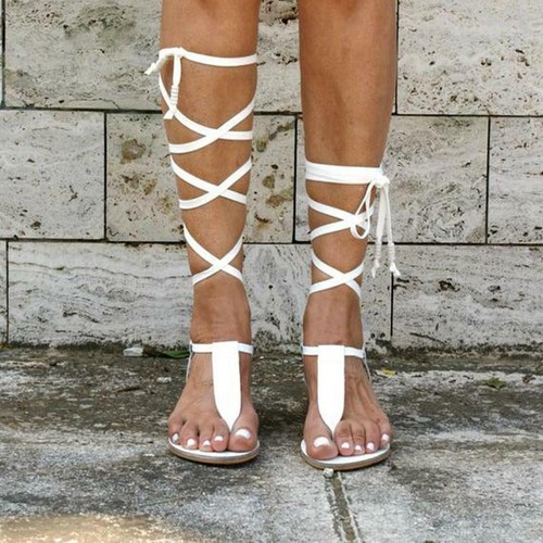 Damen Kniehohe Gladiator Sandalen Riemchen Strand Flach Cut-Out Schnürschuhe Stiefel - Bild 7 von 18