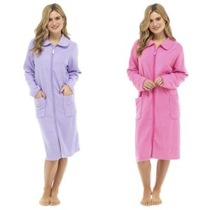 Womens Zipped Dressing Gown Ladies Plain Fleece Bathrobe Soft Zip Up Housecoat
