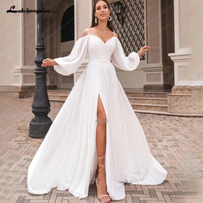 A Line Women Chiffon Wedding Dresses Side Slit BrideGown Boat Neck Long  Sleeves | eBay