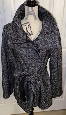 Ann Taylor Marbled B&W Wool Blend Funnel Neck Belted Zippered  Coat Large NWOT
