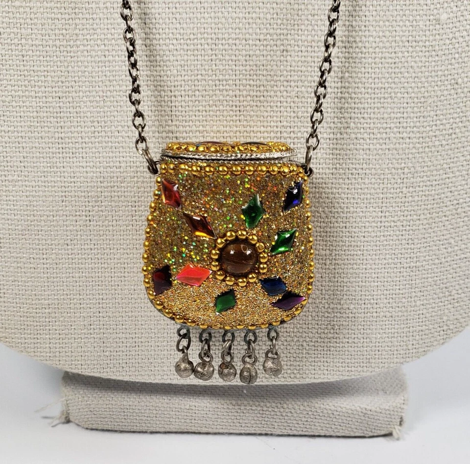 Vintage Tibetano Metal Dinheiro Pílula Bolsa de Armazenamento Ouro Amuleto Tintura Corrente Dangler - Imagem 3 de 4