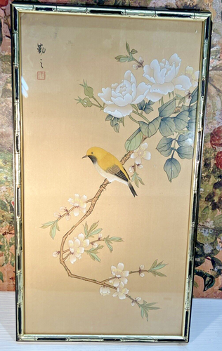 Vintage Chinese silk painting framed, Bird on flower branches, 50cm x 26cm