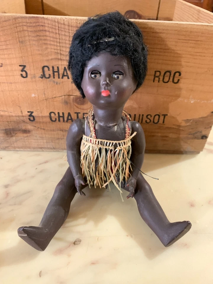 VINTAGE BAMBOLA doll AFRICANA BAMBINA FURGA ITALY 1940s 29 CM CELLULOIDE - Immagine 2 di 4