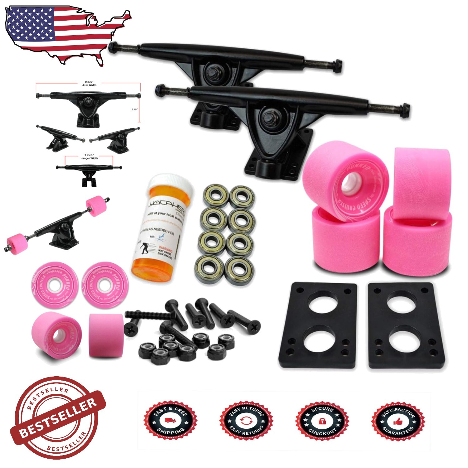 Complete Longboard Set: 71mm Wheels, Heavy Duty Trucks, Riser Pads & Bearings