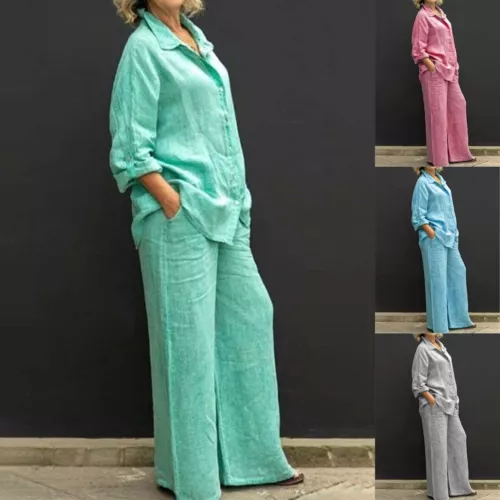 Damen Baumwolle Leinen Anzug Hemd Lockere Hose Set Langarm Freizeit Sets Sommer - Bild 2 von 32