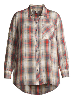 Damen Terra & Sky grau kariert Tasche Button Down Karo Langarm Übergröße Top