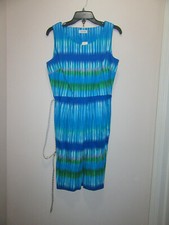 VESTIDO MUJER CALVIN KLEIN CINTURÓN TRENZADO RAYAS ABSTRACTAS VERDE TURQUESA TALLA 10