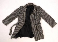 IZ Byer Girls Medium Black White Woven Belted Double Breasted Button Up Pea Coat