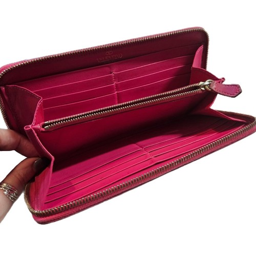 Valentino (Authentic) Hot Pink Leather Gold Studs Zippy Long Wallet w/ Box, VGUC - Picture 6 of 11