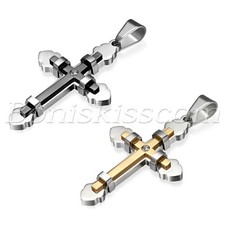 Men's Heavy Stainless Steel Double Layer Cross Pendant Necklace Byzantine Chain