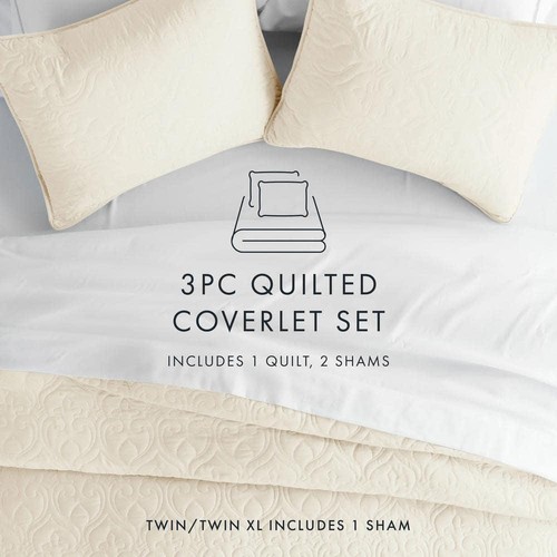 Becky Quilted Coverlet Set Damask Microfiber Hypoallergenic Ivory Twin 2-Pieces - Picture 5 of 5