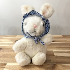 Vintage 1978 Dakin White 11  Plush Easter Bunny With Blue Bonnet