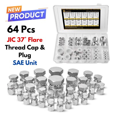 64pc JIC 37° Flare Thread Cap & Plug Fitting Set for Seal Hydraulic Hoses Pipe