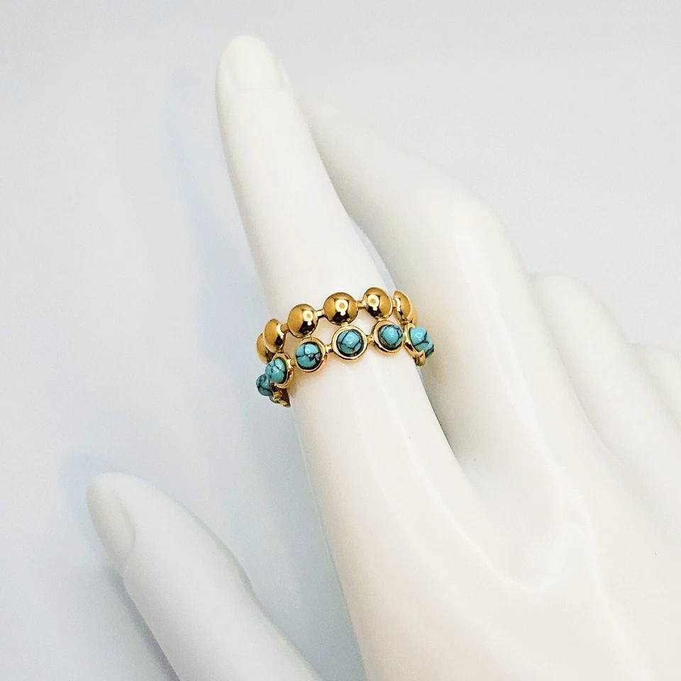 Anillo Ajustable Abierto Turquesa Doble Capa Chapado en Oro 18K, Acero Inoxidable. Foto 4 de 4