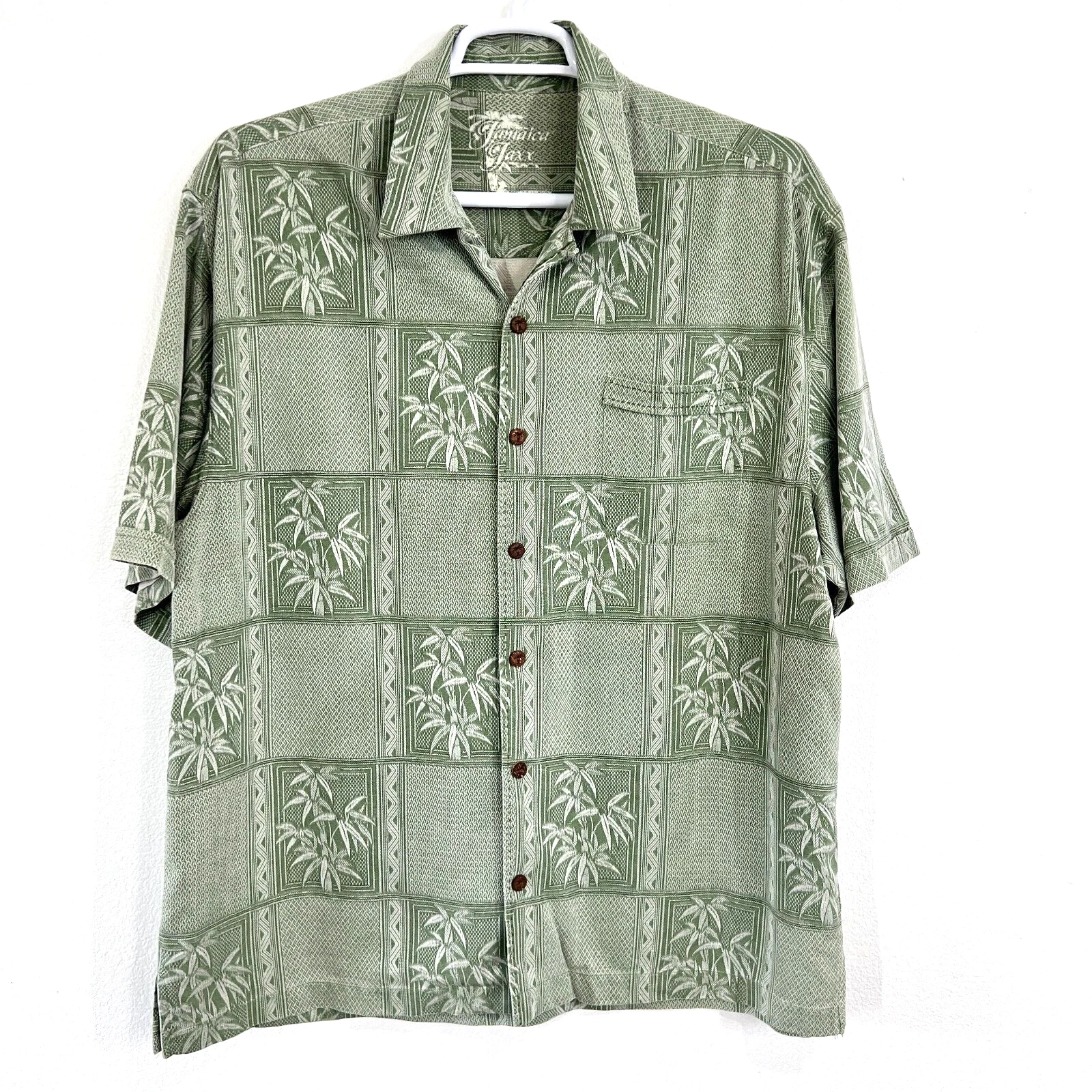 Jamaica Jaxx Hawaiian Shirt Mens XL 100% Silk Lime Green Palm Tree Print Casual