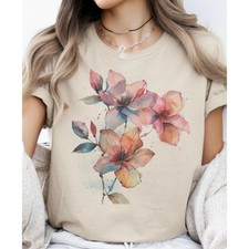 Next Level Beige T-Shirt Flower Watercolor Floral Cottagecore Excellent - Large