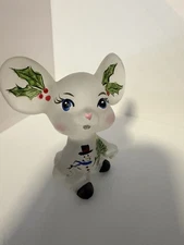 Fenton Art Glass Satin White Christmas Mouse. Hand Painted And One Of A Kind.