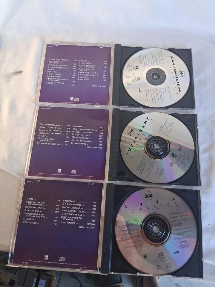 A&M Records “Classics” 25th Anniversary Lot (3 CDs) – Styx, Supertramp, Joan... Foto 2 de 3