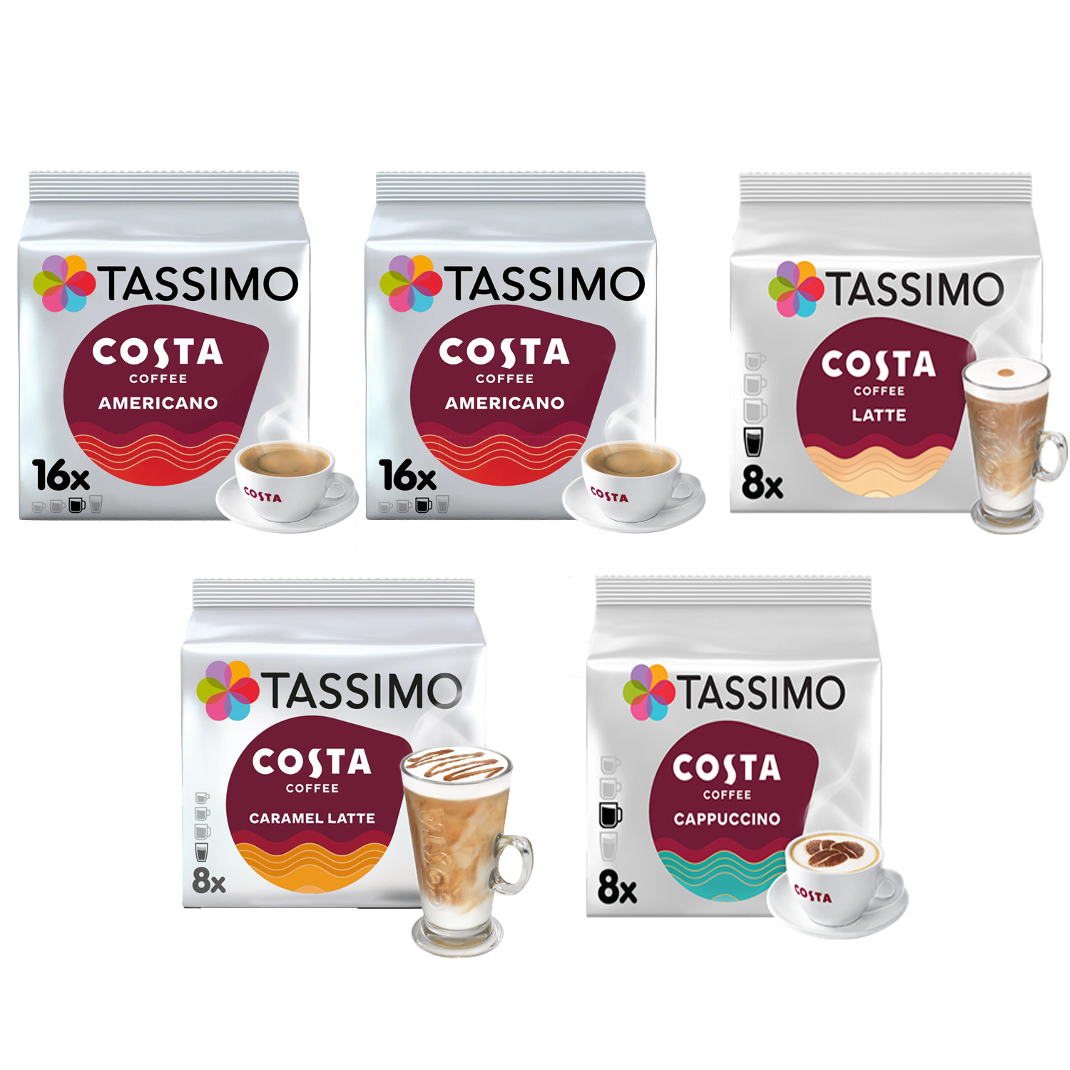 Tassimo Costa Coffee Bundle - Americano,Latte,Cappuccino,Caramel Latte - 5 Packs