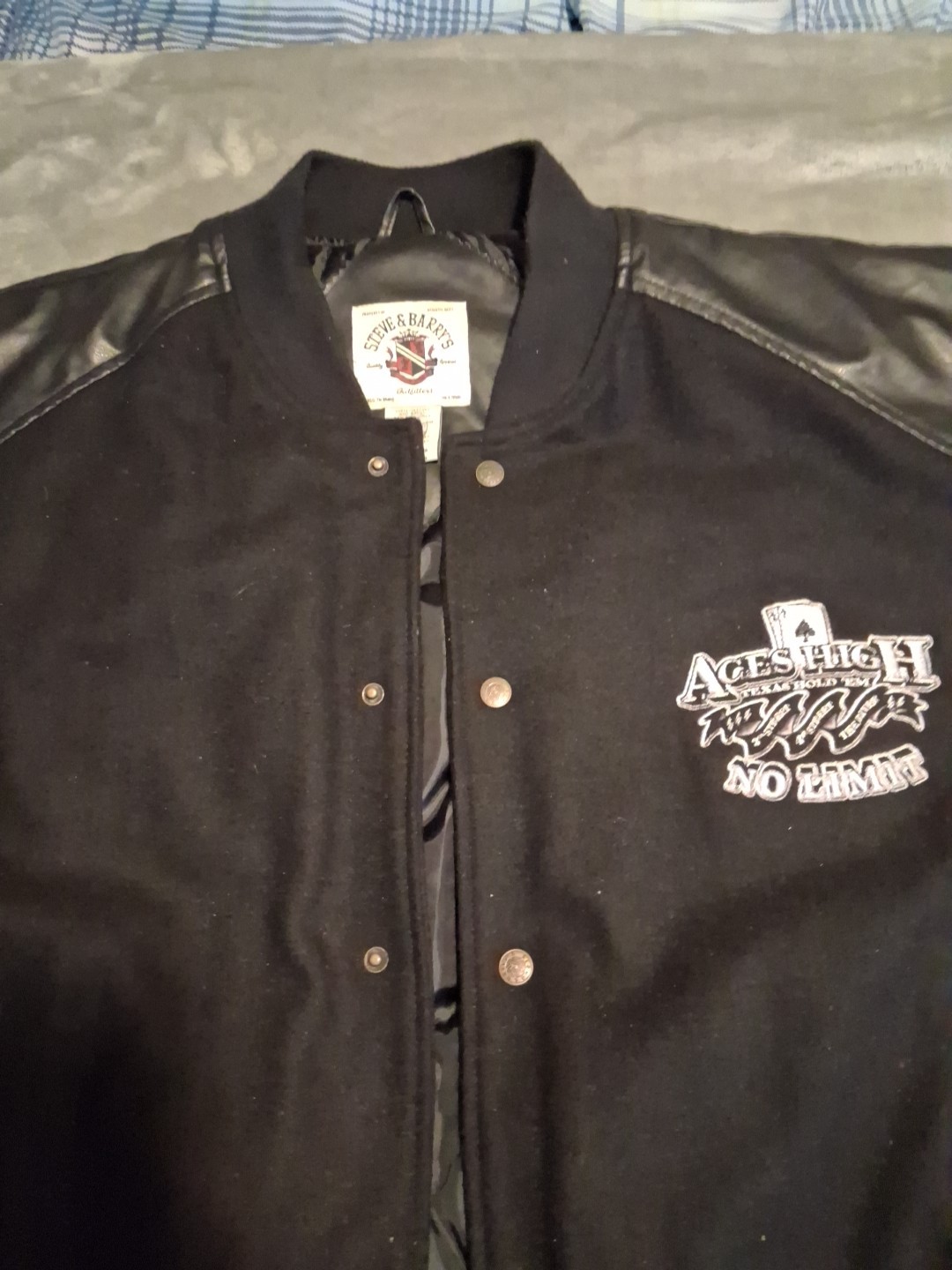 Steve & Barry's XL Varsity Aces High Bomber Jacket Black w/Logos