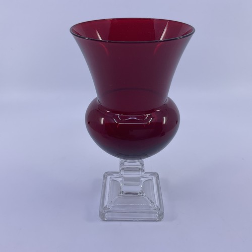 Duncan & Miller Ruby Red With Clear Base 6 1/2” Tall Urn Vase - Picture 1 of 5