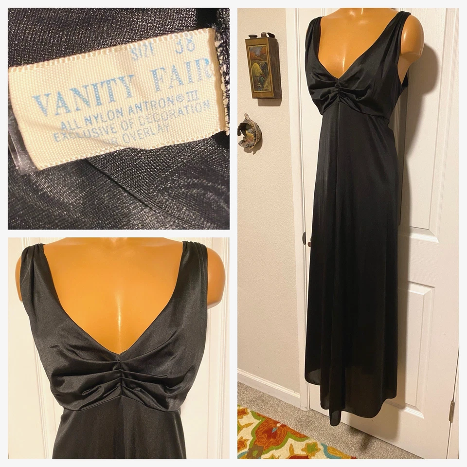 CAMISÓN DE NAILON NEGRO VANITY FAIR AÑOS 60 DE COLECCIÓN CON BUSTO RUCHE ÚNICO TALLA 38 (L) Foto 2 de 4