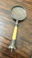 VINTAGE 9 INCH SILVER TONE HAND-HELD 3 1/2 INCH MAGNIFYING GLASS W/CROWN HANDLE