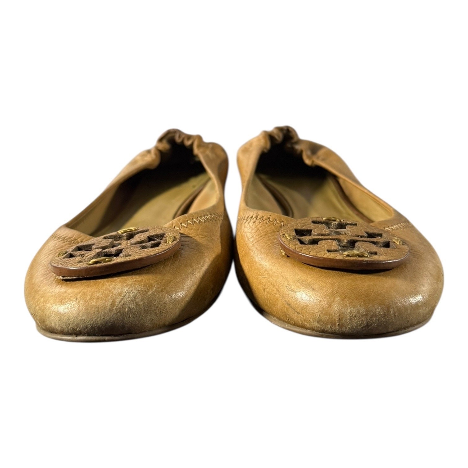Tory Burch Reva Ballet Flats Brown 8 M Camel Leather Logo Medallion Elastic Back thumbnail 3