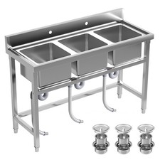 3 Compartment Stainless Steel Sink,51"x19.7"x31.5"Triple Bowl Sink,Kitchen Bar