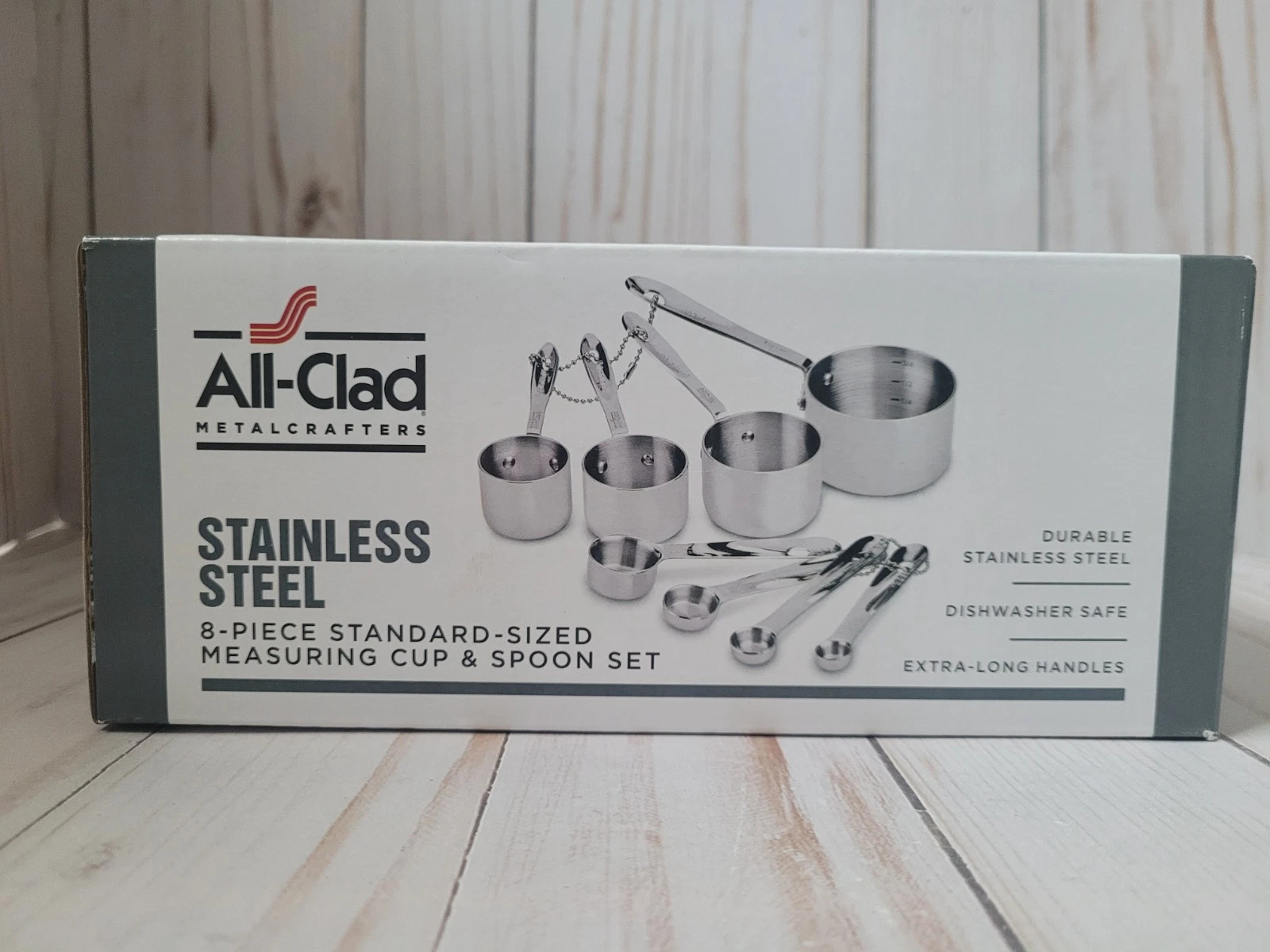 New All Clad 8 piece Set Stainless Steel Measuring Cups & Spoons in Retail Box