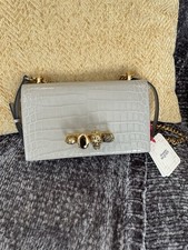 NWT Alexander McQueen Croc-Embossed Jeweled Satchel Bag Faded Grey