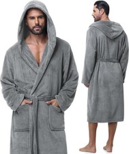Absorbent Fleece Mens Robe with Hood Warm Cozy Ultra Soft Bathrobe Luxury Quick