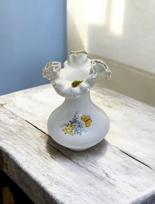 Vtg Fenton Silver Crest Milk Glass Vase Hand Painted Butterfly 7.5'' Signed Lee