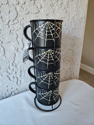 Halloween Spinnennetz Keramik Stapeltasse 4er Set mit Metallgestell NEU Neu mit Etikett 12oz