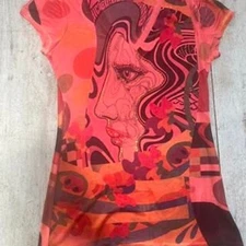 Vintage Cache Crazy Print Orange & Red Top with Rhinestones - Y2K Fashion