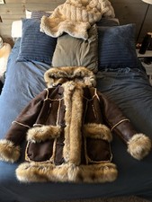 Jordan Craig Brown Leather Long Hooded Zip Jacket Fur Trim Shearling Lined S