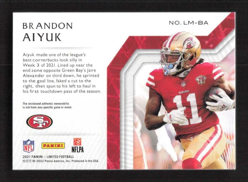 Brandon Aiyuk 2021 Panini Limited Limitless Materials Gold Spotlight #/49 #LM-BA - Image 2 of 3