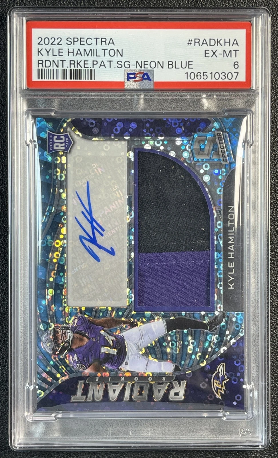 Kyle Hamilton Panini Spectra Radiant Rookie Patch Signatures #RADKHA Neon Blue