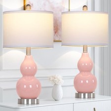 22" Double Gourd Ceramic Table Lamps Set of 2 Modern Bedside Lamps for Pink