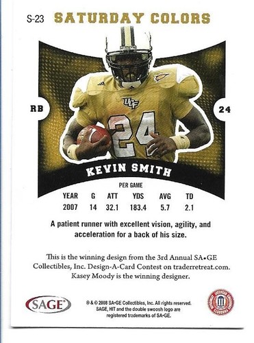 Kevin Smith 2008 Sage Hit Saturday Colors #S-23 - UCF Knights - Imagen 2 de 2