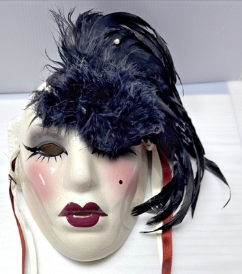 Unique Creations Ceramic Glazed Mask Feathers Pearl Signed Sticker 318/500 As-Is