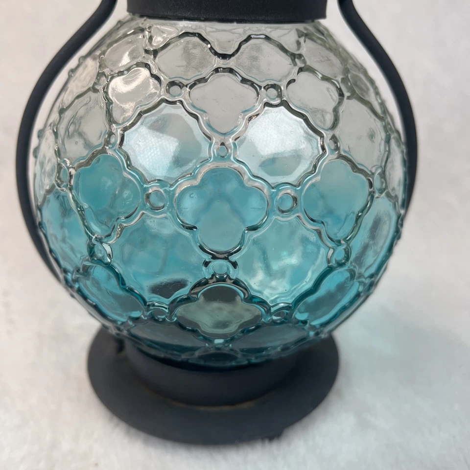 "Linterna de metal de vidrio azul ombre verde azulado candelabro boho marroquí de colección 8,75""" Foto 4 de 4