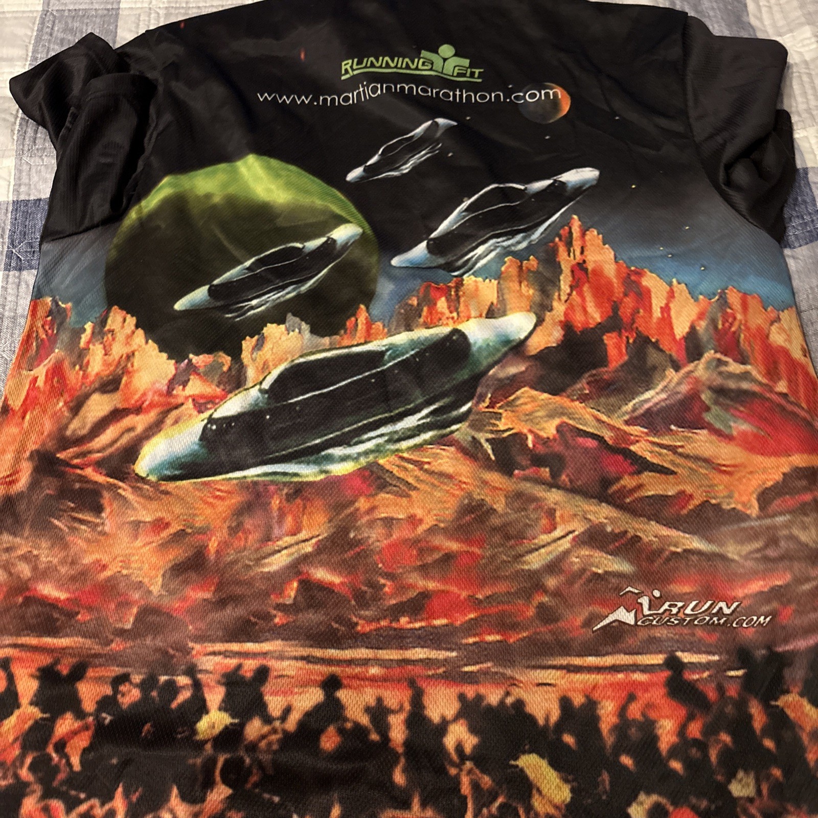 Martian Marathon Asics Running Alien UFO All Over Pattern Mesh Shirt XL thumbnail 2